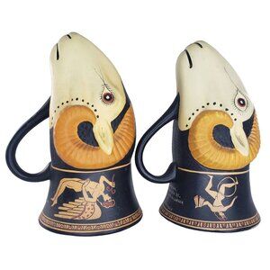 Rare Vintage Rams Head Cup Rhyton Hand Painted Keramikos Greece